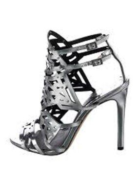 Brian Atwood Laconica Silver Heeled Sandals Women's size 8 EU 38.5 Ankle Strap